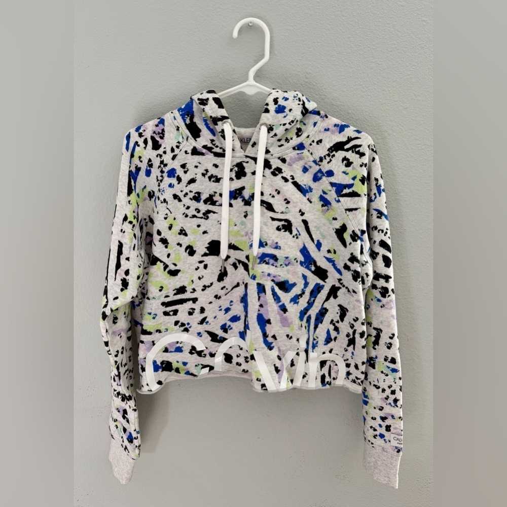 Calvin Klein Performance Cropped Hoodie Colorful Sketchy Animal Print Size Small